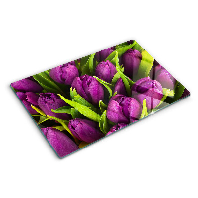 Glass kitchen board Purple tulips with green leaves