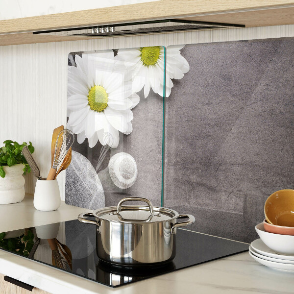Chopping board Flowers and stones in the background