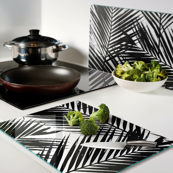 Glass chopping board Palm leaves in black and white