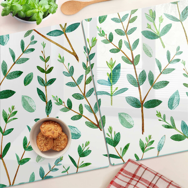 Glass kitchen board Leaves and twigs in green