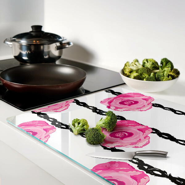 Glass chopping board Roses on a black line background