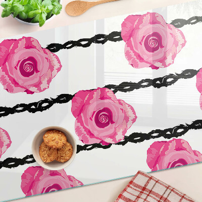 Glass chopping board Roses on a black line background