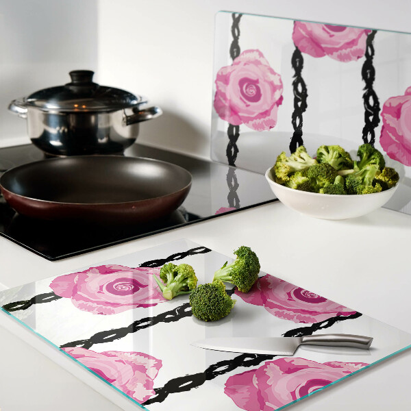 Glass chopping board Roses on a black line background