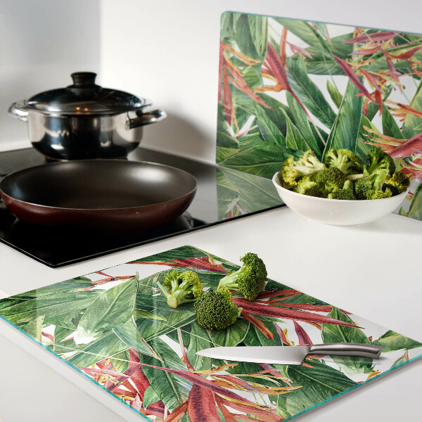 Glass chopping board Tropical leaves and flowers