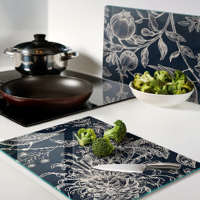 Cutting board Flowers and birds on a dark background