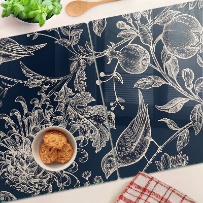 Cutting board Flowers and birds on a dark background