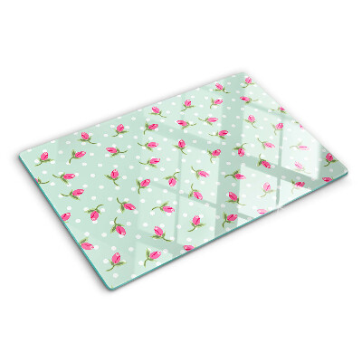 Glass cutting board Pink tulips on a green background