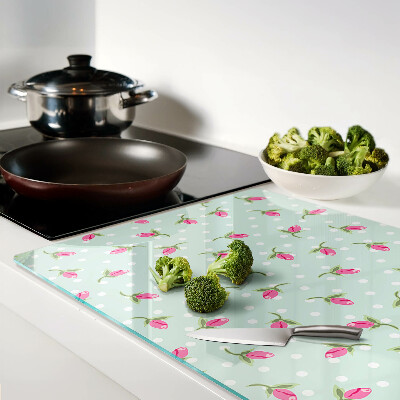 Glass cutting board Pink tulips on a green background