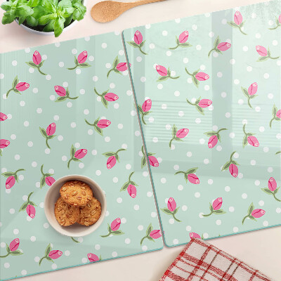 Glass cutting board Pink tulips on a green background