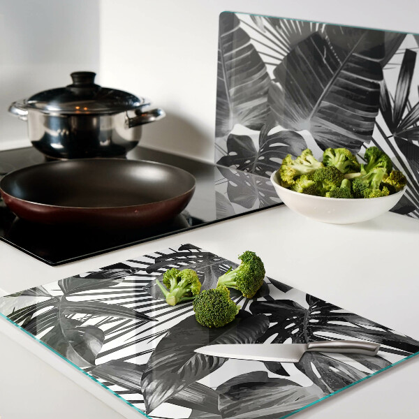 Glass cutting board Tropical leaves in black and white