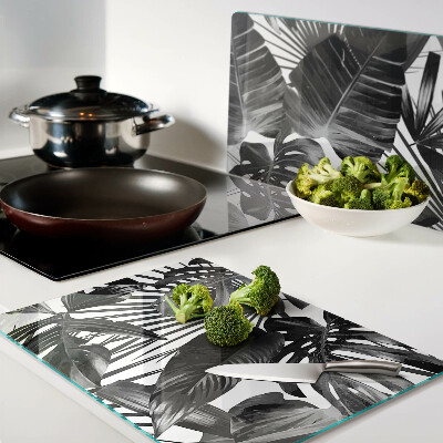 Glass cutting board Tropical leaves in black and white