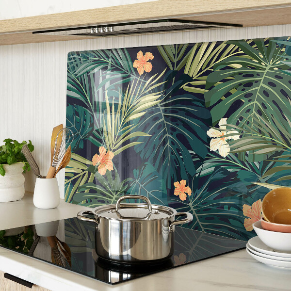 Glass kitchen board Tropical pattern with leaves and flowers