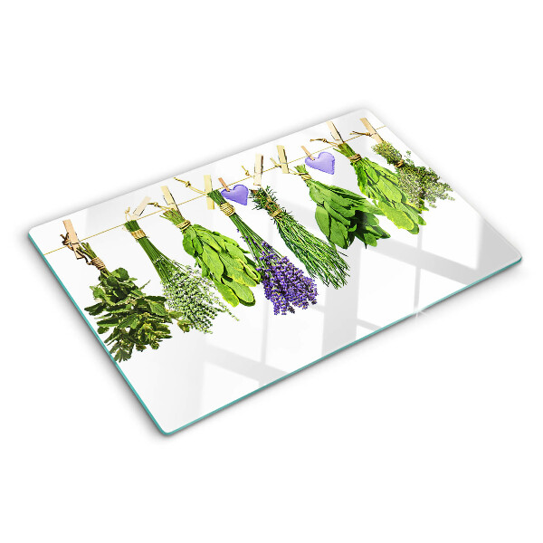Glass cutting board Herbs on a string