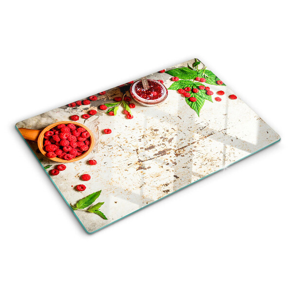 Glass cutting board Raspberries and leaves