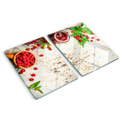 Glass cutting board Raspberries and leaves