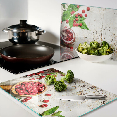Glass cutting board Raspberries and leaves