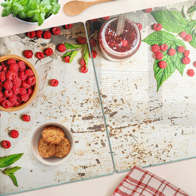 Glass cutting board Raspberries and leaves