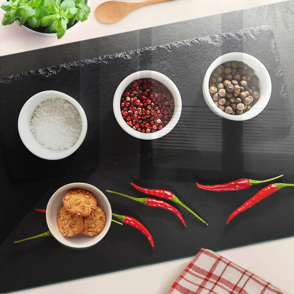 Cutting board Spices and red peppers
