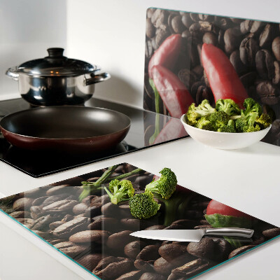 Chopping board glass Coffee and chili peppers