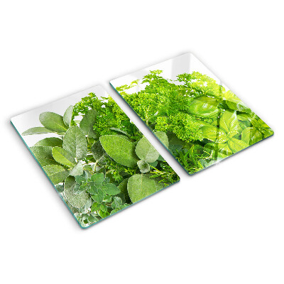 Chopping board glass Green herbs and leaves