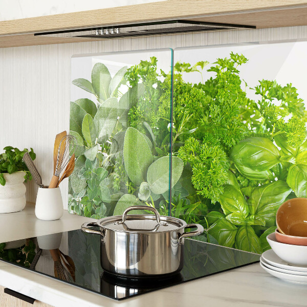 Chopping board glass Green herbs and leaves
