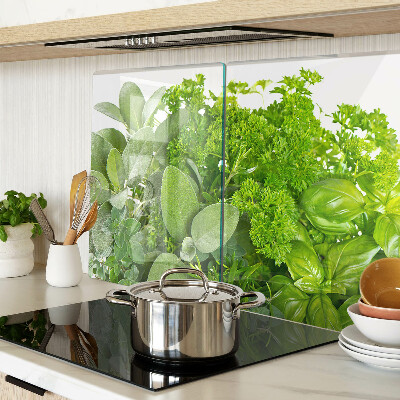 Chopping board glass Green herbs and leaves