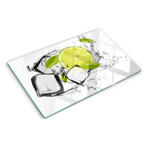 Glass cutting board Lemon with ice and leaves