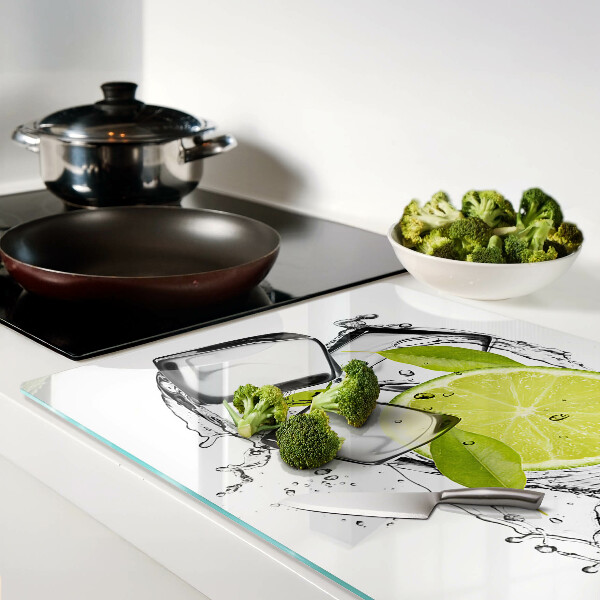 Glass cutting board Lemon with ice and leaves