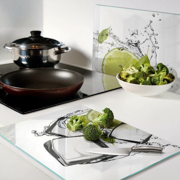 Glass cutting board Lemon with ice and leaves