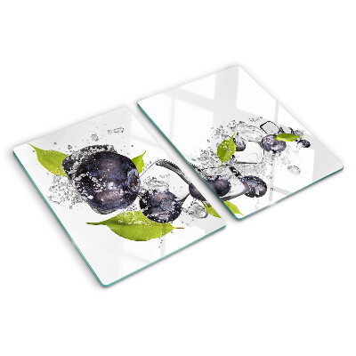 Glass kitchen board Plums in water with leaves