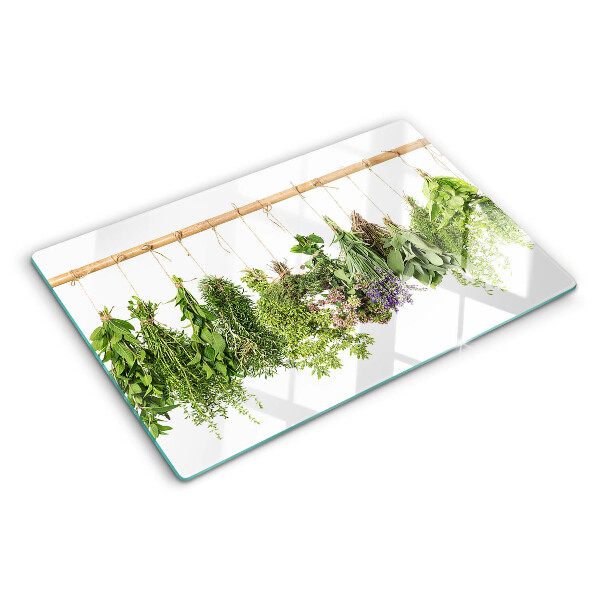 Chopping board Dried herbs on a string