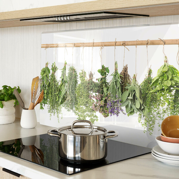 Chopping board Dried herbs on a string