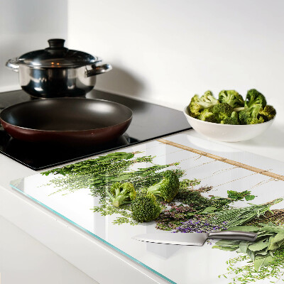 Chopping board Dried herbs on a string