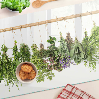 Chopping board Dried herbs on a string