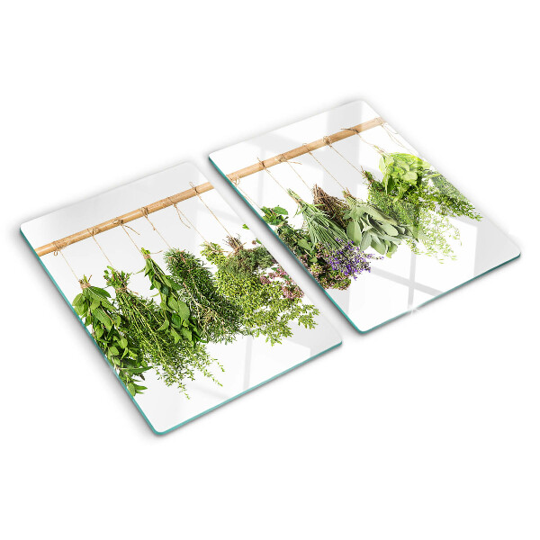 Chopping board Dried herbs on a string