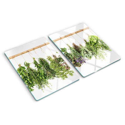 Chopping board Dried herbs on a string