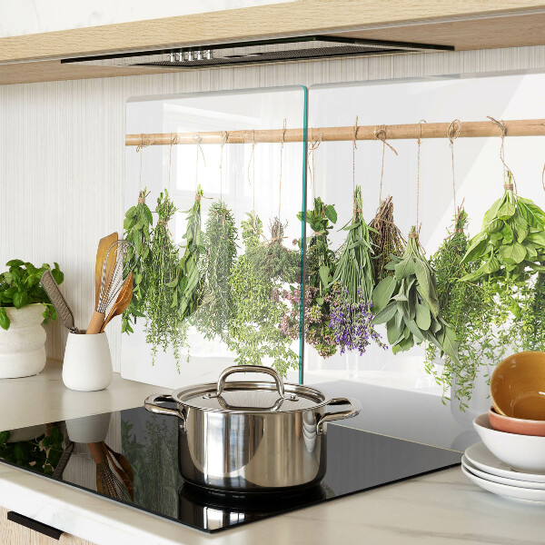 Chopping board Dried herbs on a string
