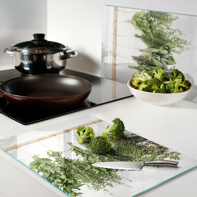 Chopping board Dried herbs on a string
