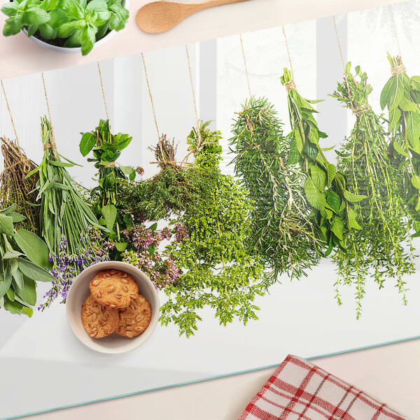Glass cutting board Herbs hanging on a string