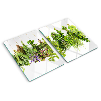 Glass cutting board Herbs hanging on a string