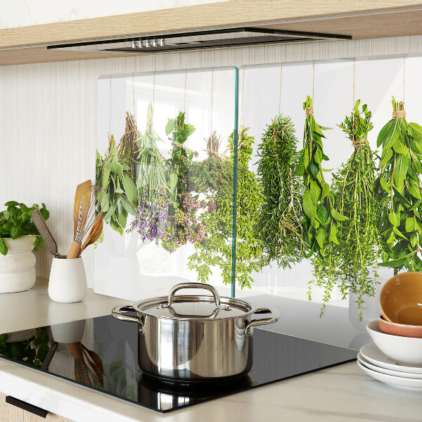 Glass cutting board Herbs hanging on a string