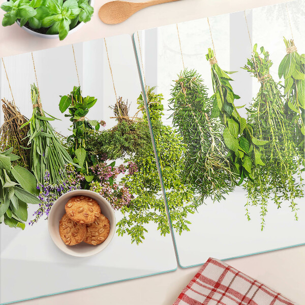 Glass cutting board Herbs hanging on a string