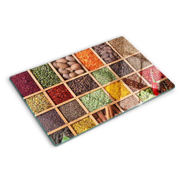 Glass kitchen board Spices in jars