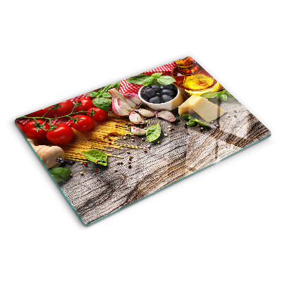 Chopping board Italian cuisine with pasta and vegetables