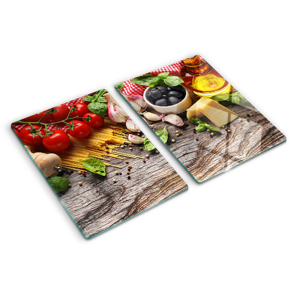Chopping board Italian cuisine with pasta and vegetables