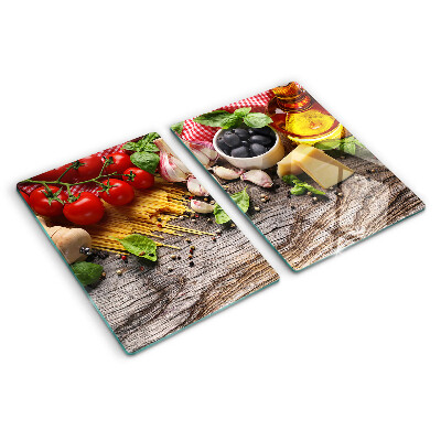 Chopping board Italian cuisine with pasta and vegetables