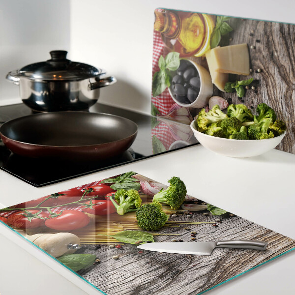 Chopping board Italian cuisine with pasta and vegetables