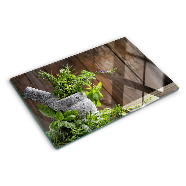 Chopping board glass Herbs in a pot