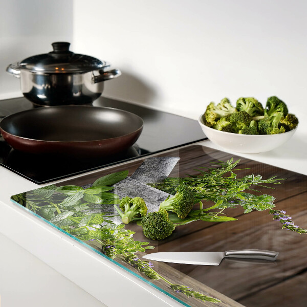 Chopping board glass Herbs in a pot
