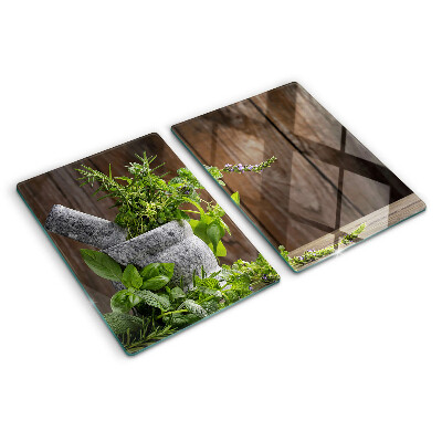 Chopping board glass Herbs in a pot